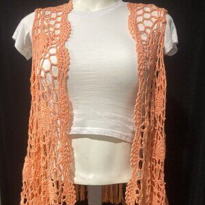 UK2LA Salmon Mandala Crochet Vest – Bohemian Fringe Detail – Size Large